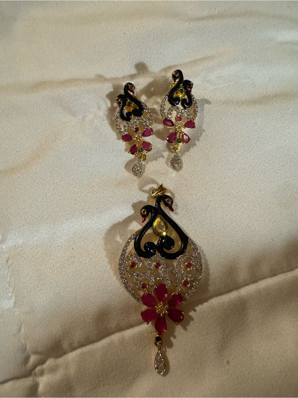 Gold-Tone Pink Flower Drop Pendant & Earrings Set